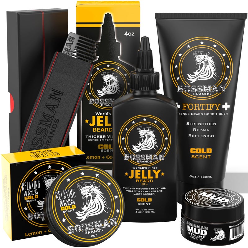 Bossman Complete Beard Kit â€“ Men's Beard Oil Jelly, Fortifying Shower Conditioner, Balm, Mustache Wax & Comb â€“ Beard Softener & Grooming Care â€“ Men Gift Set (Royal Oud Scent) - Image 1