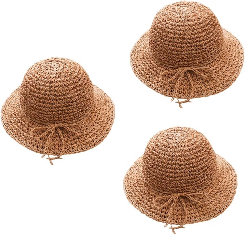 قبعة الشاطئ المصنوعة من القش للأطفال، اللون الكاكي، مقاس 18 سنة، مجموعة من 3 قطع، قبعات الحفلات الأنيقة - Image 1