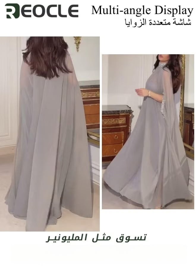 REOCLE Women's Cape Sequined Chiffon Evening Dress 2 Piece Set Long Dress with a Half Sleeve & Embroidered with Shiny Beads Banquet Dress - Image 5