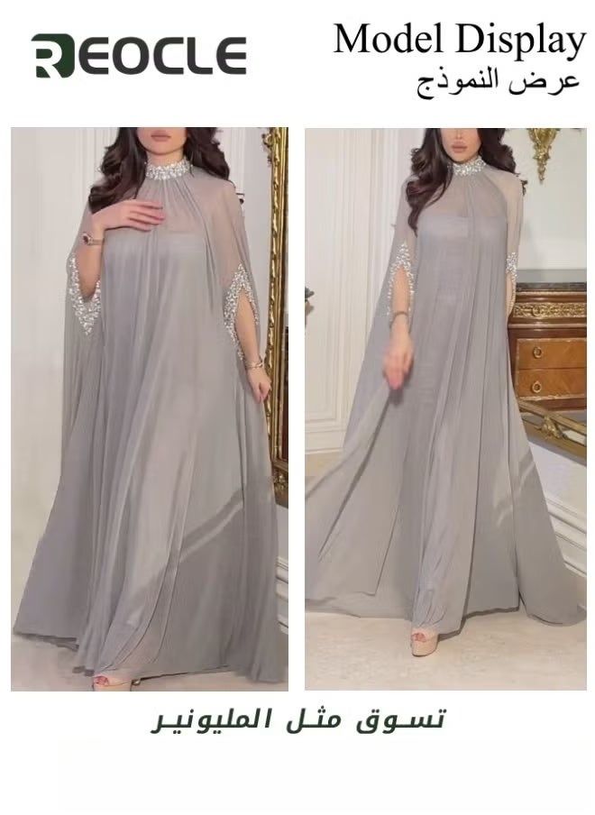 REOCLE Women's Cape Sequined Chiffon Evening Dress 2 Piece Set Long Dress with a Half Sleeve & Embroidered with Shiny Beads Banquet Dress - Image 3