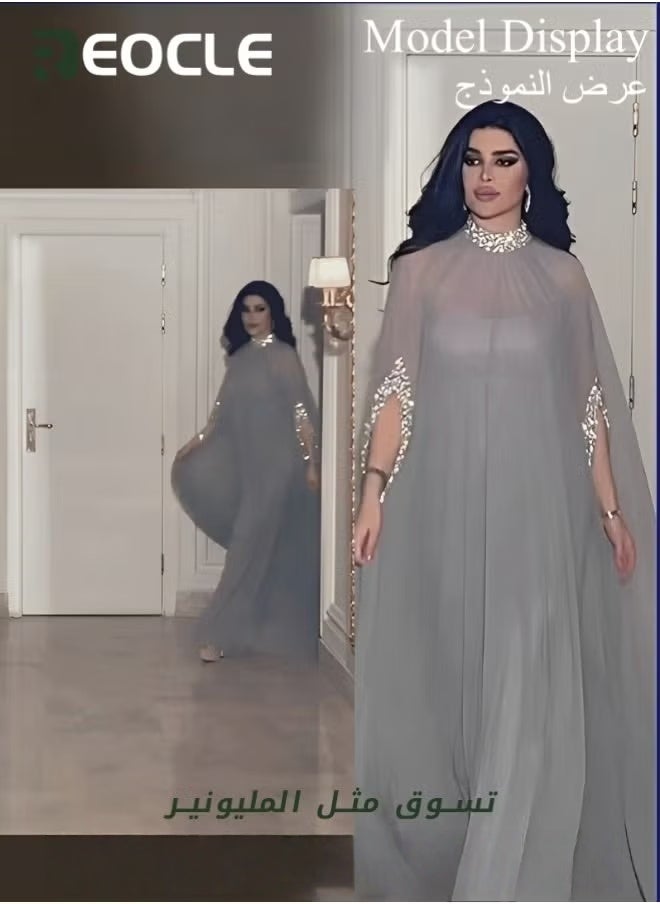 REOCLE Women's Cape Sequined Chiffon Evening Dress 2 Piece Set Long Dress with a Half Sleeve & Embroidered with Shiny Beads Banquet Dress - Image 2