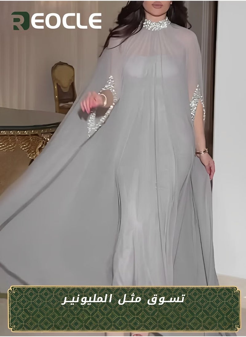 REOCLE Women's Cape Sequined Chiffon Evening Dress 2 Piece Set Long Dress with a Half Sleeve & Embroidered with Shiny Beads Banquet Dress - Image 1