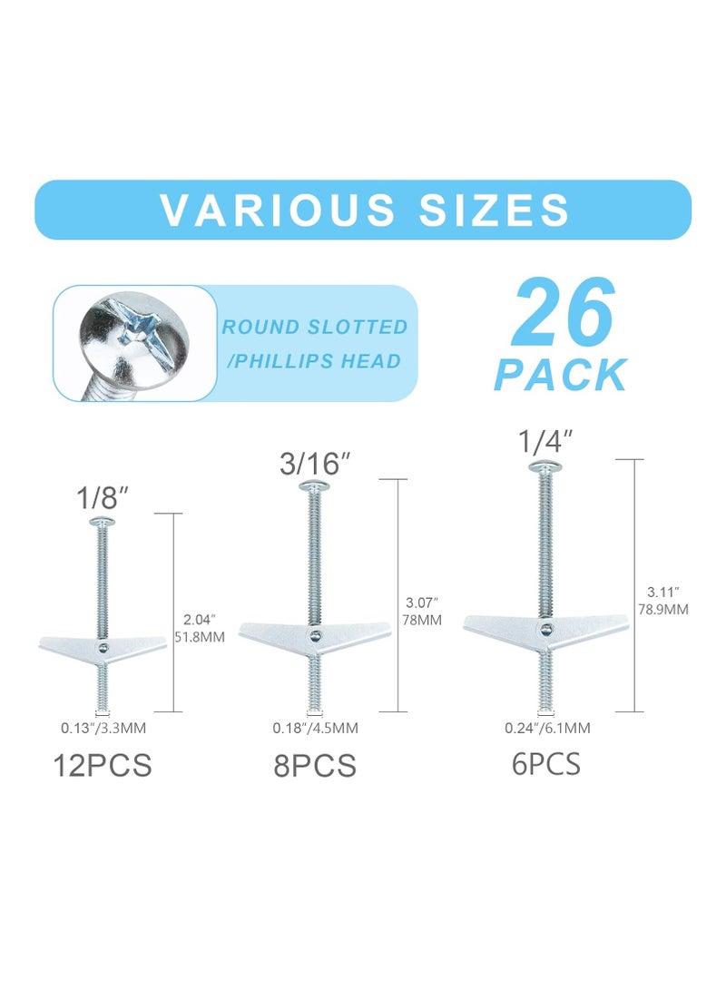 Bukela 26 Pcs Heavy Duty Drywall Anchors and Screws,Toggle Bolts and Wing Nuts Set, Hollow Drywall Anchors Bolts Screws Assortment Kit for Hanging Lamps Heavy Items 1/8" 12pcs, 3/16" 8pcs, 1/4" 6pcs - Image 5