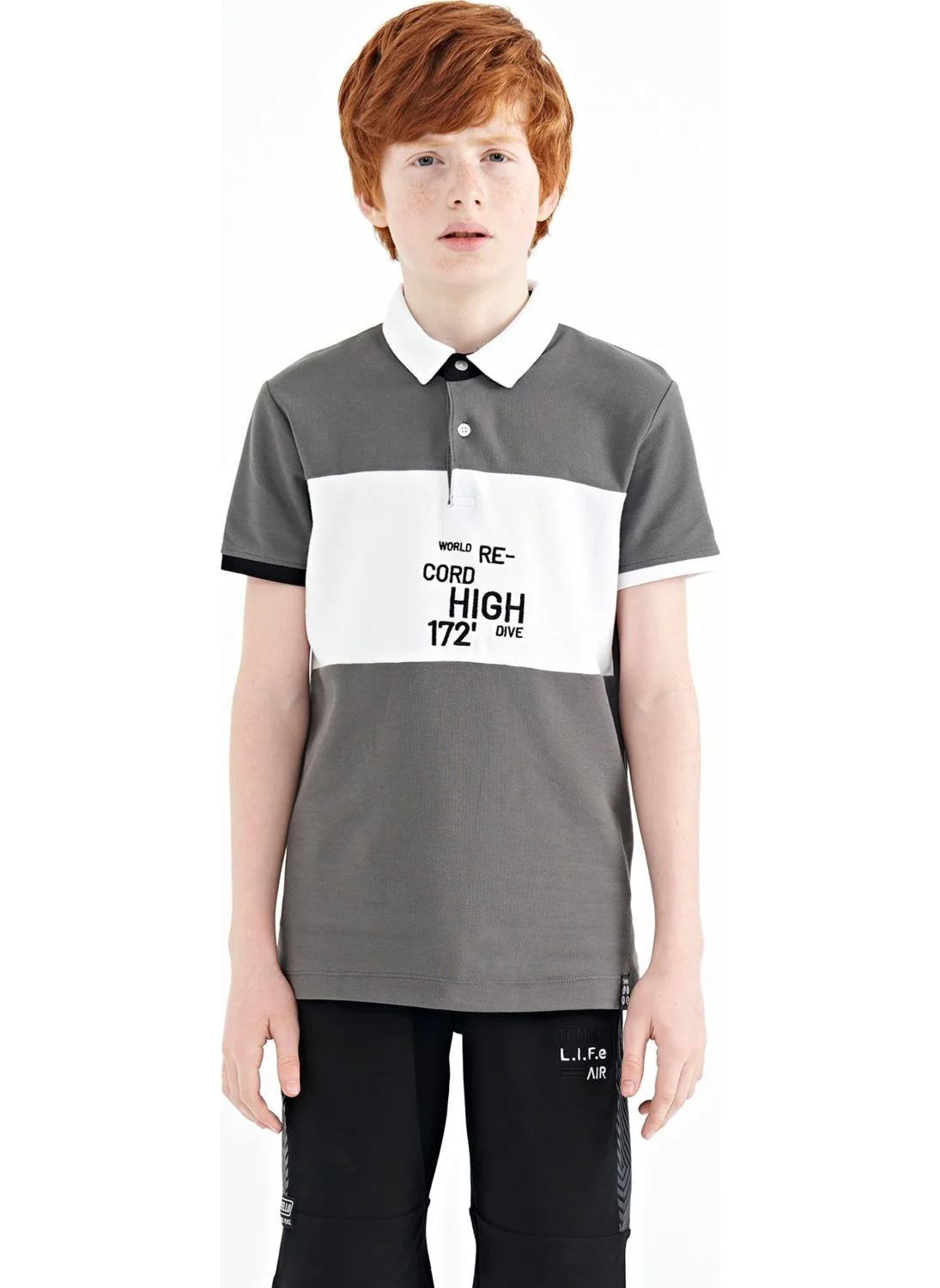 Tommy Life Dark Gray Color Transitional Embroidery Detailed Standard Pattern Polo Collar Boy T-Shirt - 11110