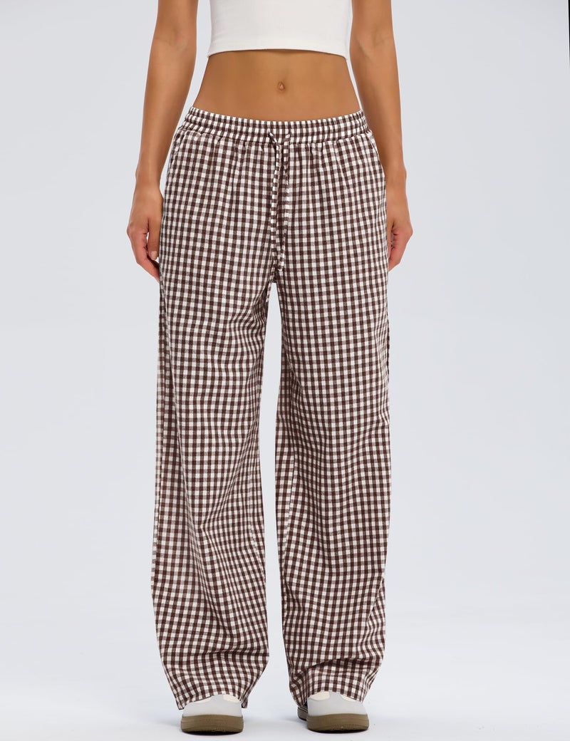 LOMON Gingham Pants Women Spring Summer Pajamas Clothes 2026 Wide Leg Pj Lounge Boxer Bottoms Palazzo Flowy Comfy Plaid Checkered Trousers (Coffee Plaid, L) - Image 2