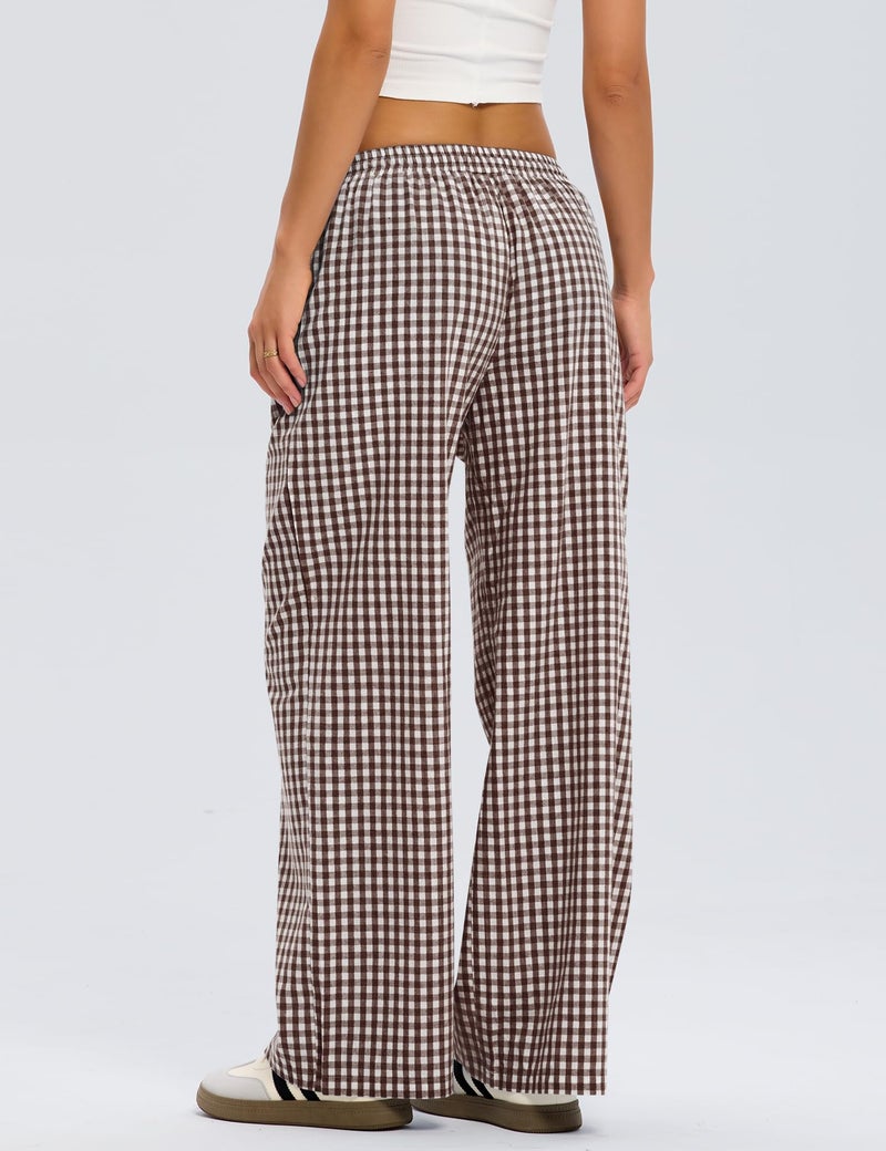 LOMON Gingham Pants Women Spring Summer Pajamas Clothes 2026 Wide Leg Pj Lounge Boxer Bottoms Palazzo Flowy Comfy Plaid Checkered Trousers (Coffee Plaid, L) - Image 5