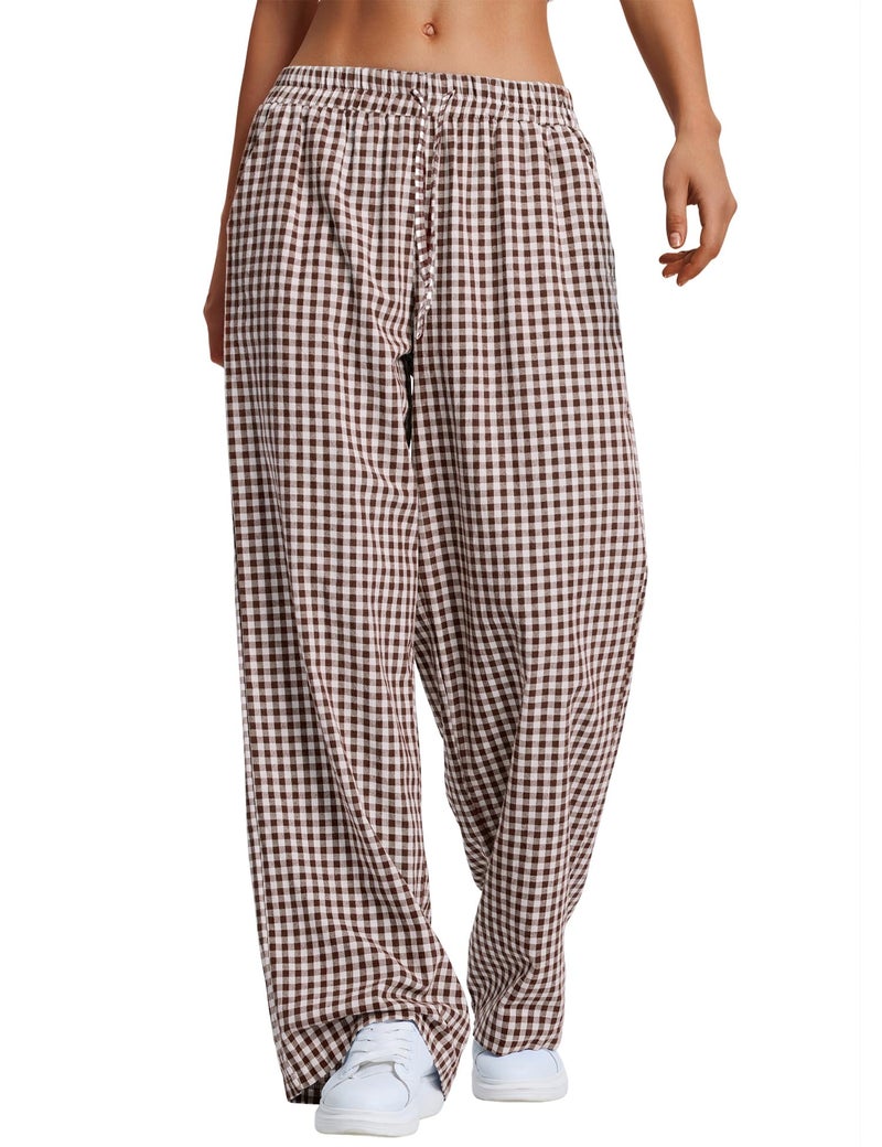LOMON Gingham Pants Women Spring Summer Pajamas Clothes 2026 Wide Leg Pj Lounge Boxer Bottoms Palazzo Flowy Comfy Plaid Checkered Trousers (Coffee Plaid, L) - Image 1