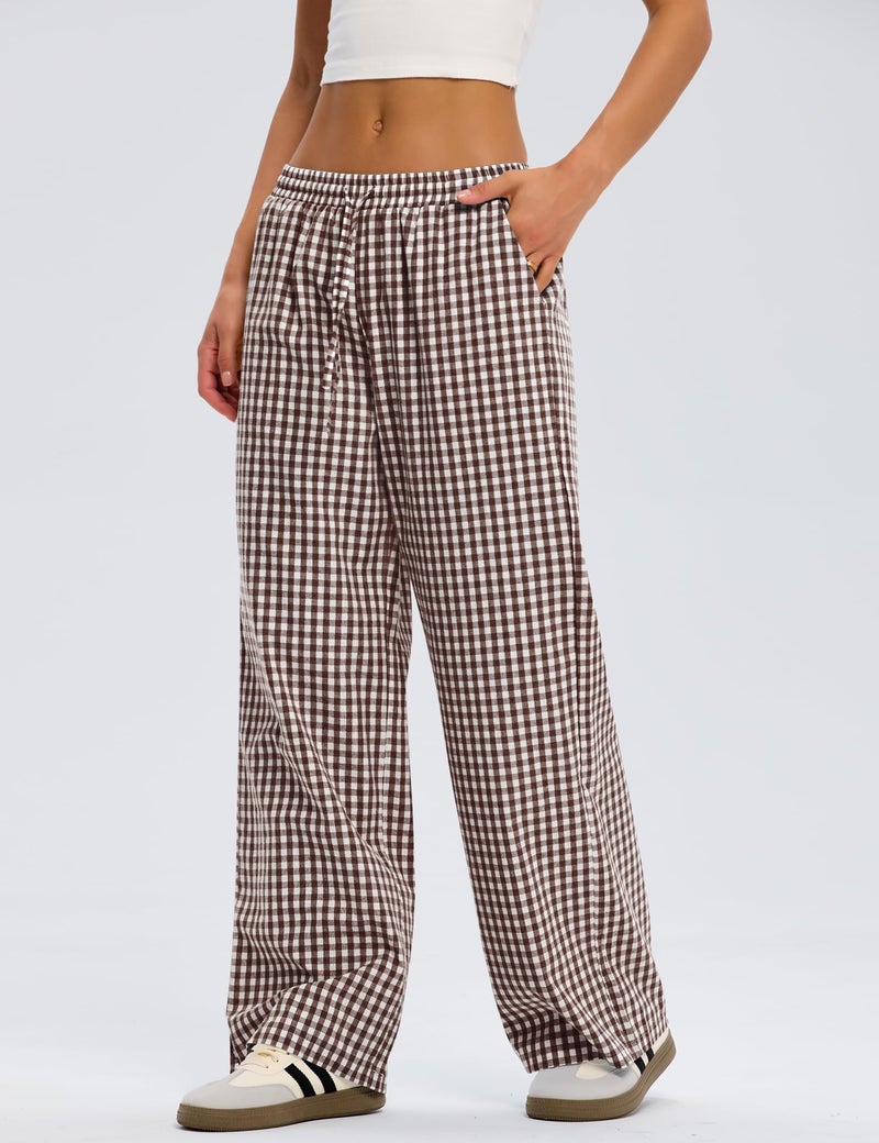 LOMON Gingham Pants Women Spring Summer Pajamas Clothes 2026 Wide Leg Pj Lounge Boxer Bottoms Palazzo Flowy Comfy Plaid Checkered Trousers (Coffee Plaid, L) - Image 4