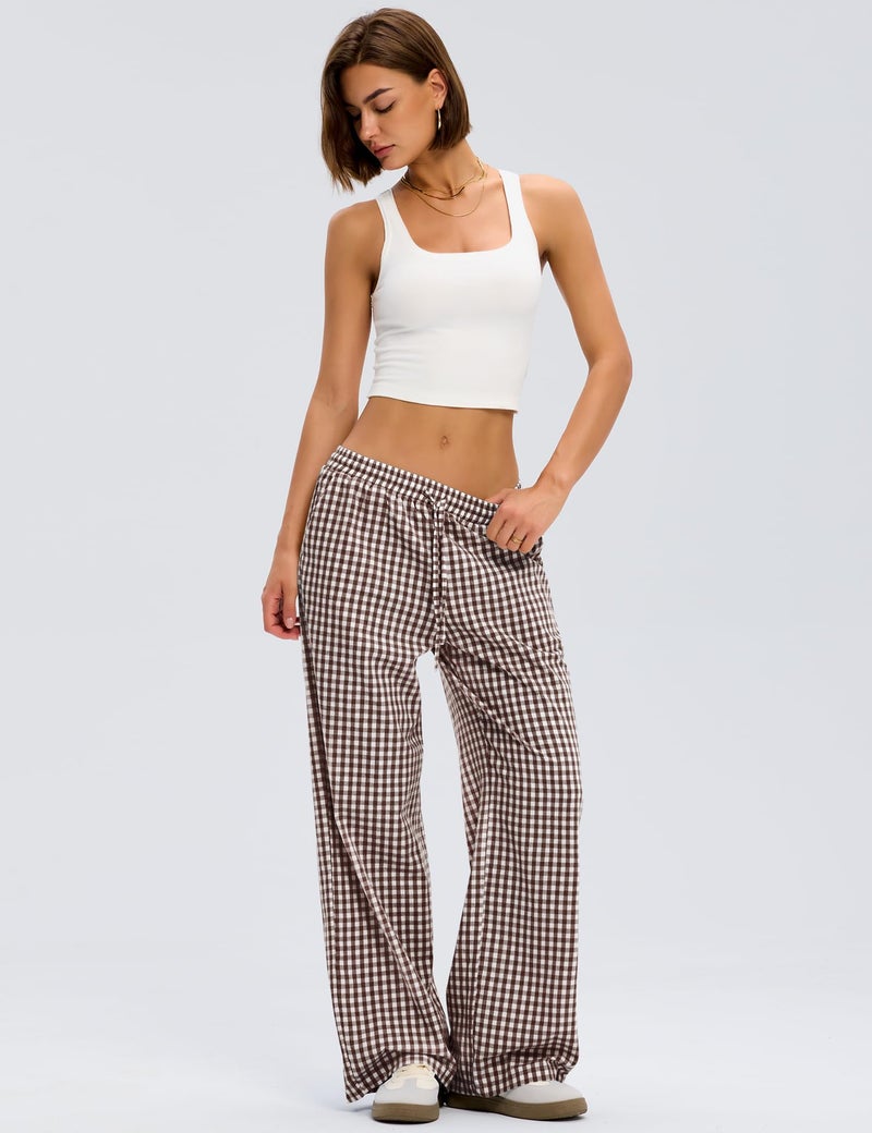 LOMON Gingham Pants Women Spring Summer Pajamas Clothes 2026 Wide Leg Pj Lounge Boxer Bottoms Palazzo Flowy Comfy Plaid Checkered Trousers (Coffee Plaid, L) - Image 3