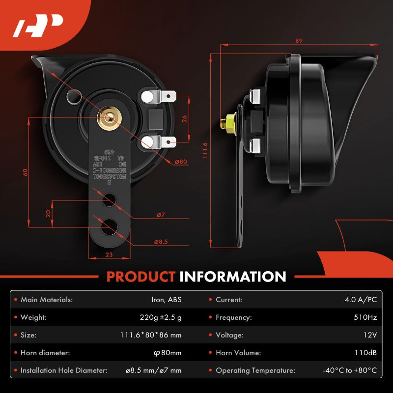 A-Premium Snail Horn High Universal Electric Horn - 12V 110dB - Compatible with most Passenger Cars, Commercial/Off-Road Vehicles, Gas Cars, Electric Cars, Motorcycles & Trucks, 80 mm - Image 3