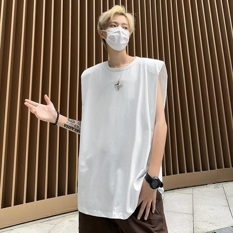 Black Cotton Mens Sleeveless T-Shirt White  - Image 1
