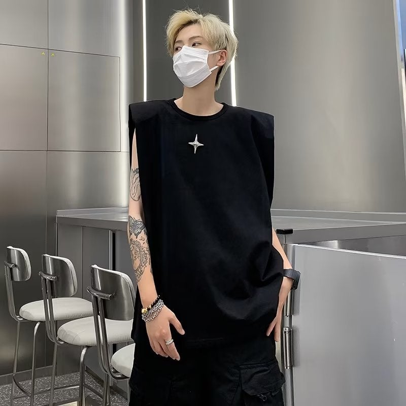 Black Cotton Mens Sleeveless T-Shirt White  - Image 2