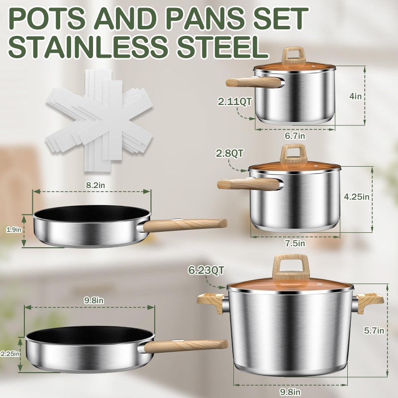 DUTZUN Stainless Steel Cookware Set 13PCS, Pots and Pans Set, Induction Cookware, Kitchen Cooking Set, Heavy Duty, Tri-Ply Base, Dishwasher Safe - Image 2