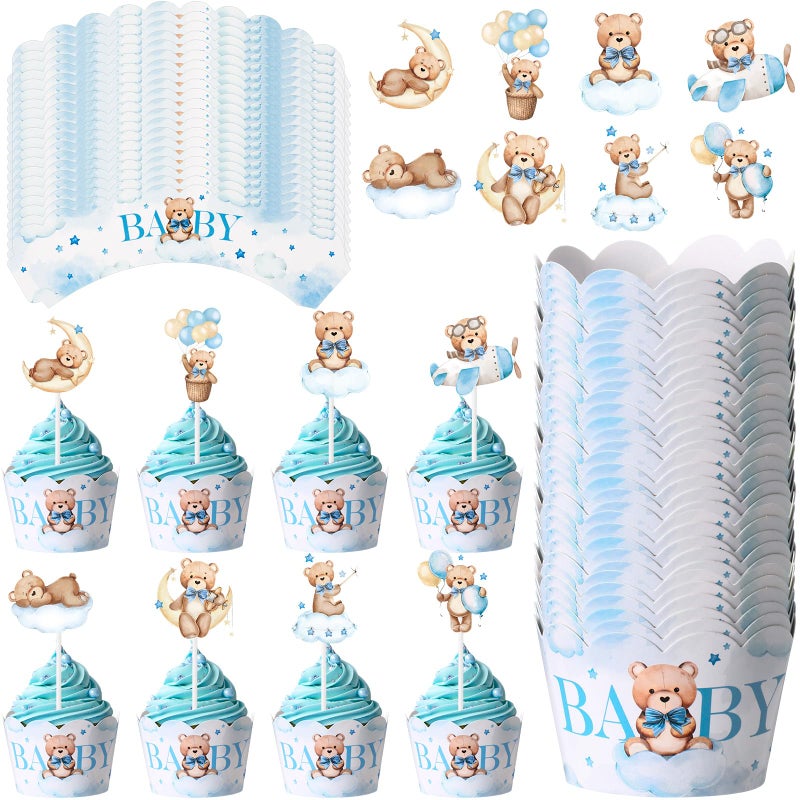 Widecook وايدكوك 96 قطعة من زينة كعك الدب الأزرق وأغطية الكعك زينة كعكة الدب الأزرق اختيارات كعك لطيفة وغطاءات لمستلزمات حفلات عيد الميلاد وحفلات استقبال المواليد ذات الطابع الحيواني - Image 1