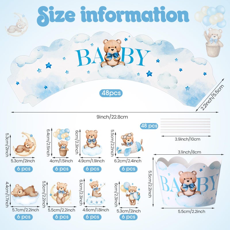 Widecook وايدكوك 96 قطعة من زينة كعك الدب الأزرق وأغطية الكعك زينة كعكة الدب الأزرق اختيارات كعك لطيفة وغطاءات لمستلزمات حفلات عيد الميلاد وحفلات استقبال المواليد ذات الطابع الحيواني - Image 2