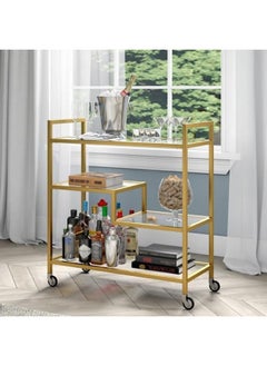 HOME TASTE Metal Serving Trolley With Clear Glass Shelves PreAssembled Utility Cart For Kitchen, Restaurant, Bar And Hospital Heavy Duty 1.3Cm Thick Metal Frame Gold, Small 80X40X90Cm  - Image 1