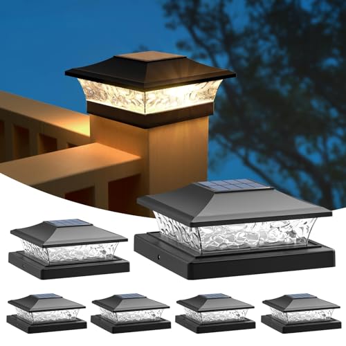 APONUO Solar Post Cap Lights 6 Pack, Waterproof Outdoor LED Deck Lights for 4x4, 5x5, 6x6 Wood Fence & Vinyl Posts, 2 Color Modes (Warm/Cool), All-Night Lighting, Auto On/Off, Patio Garden Yard Decor - Image 1