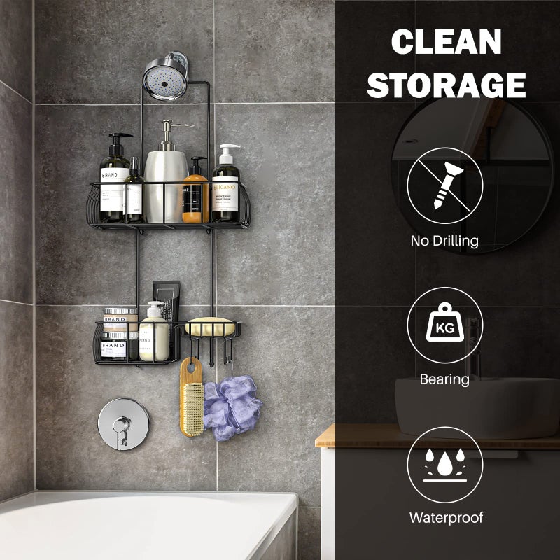 Epicano Shower Caddy Hanging, Anti-Swing Over Head Shower Caddy Rustproof with Hooks for Towels, Sponge and More, Matte Black - Image 2