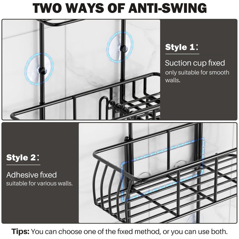Epicano Shower Caddy Hanging, Anti-Swing Over Head Shower Caddy Rustproof with Hooks for Towels, Sponge and More, Matte Black - Image 5