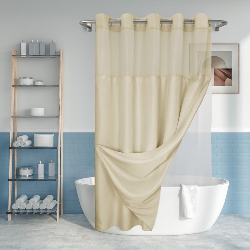 No Hook Slub Textured Shower Curtain with Snapin PEVA Liner Set  71 x 7472 Hotel Style Beige Shower Curtain with See Through Top Window Machine Washable  Water Repellent Linen 71x74
