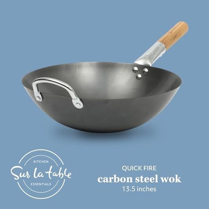 Sur La Table Kitchen Essentials Quick Fire 13.5" Carbon Steel Flat Bottom Wok  Durable Nonstick Stir Fry Pan - Image 5