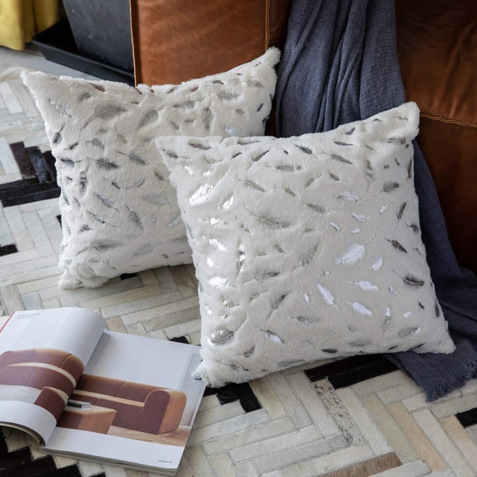 THROW PILLOWS COVERS 18 X 18SET OF 2 WHITE FUR WITH SILVER LEAVES SOFT THROW PILLOWS FOR COUCH BEDACCENT HOME DECORATIVE SQUARE CUSHIONS CASES SHAMS PILLOWCASES FARMHOUSE45 X 45 CM