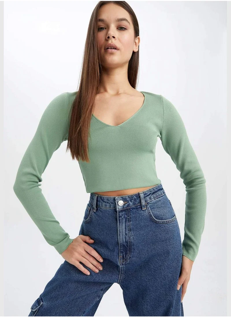 DeFacto V Neck Long Sleeve Crop T-shirt