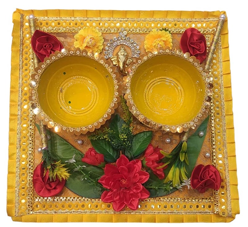 SHOPOBUDDY Wooden Fancy Decortated Haldi Platter Used in Haldi Ceremony of Bride and Groom in Weddings - Image 1