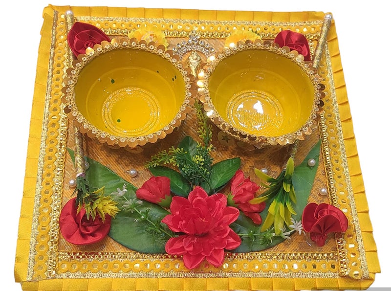 SHOPOBUDDY Wooden Fancy Decortated Haldi Platter Used in Haldi Ceremony of Bride and Groom in Weddings - Image 2