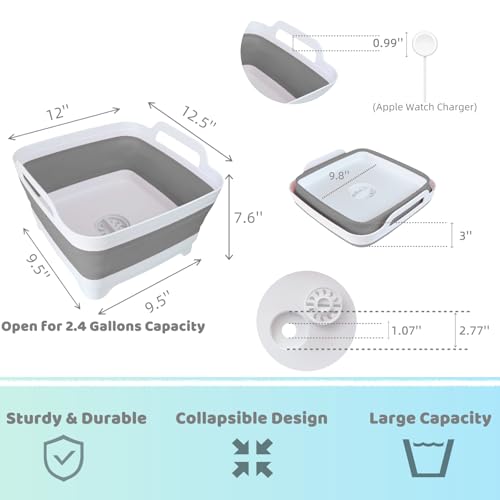 GIMWA Collapsible Wash Basin for Baby Bottles - 2.4 Gallons Portable Wash Bin for RV Camping Sink, Space-Saving Dish Tub (Gray) - Image 2