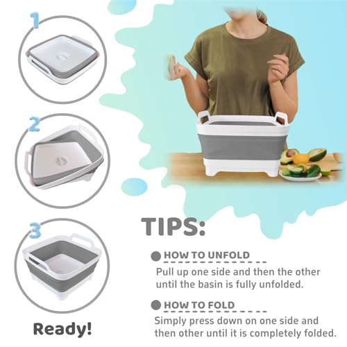 GIMWA Collapsible Wash Basin for Baby Bottles - 2.4 Gallons Portable Wash Bin for RV Camping Sink, Space-Saving Dish Tub (Gray) - Image 4