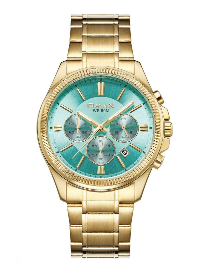 Omax Men's Chronograph Wristwatch with Gold-Tone Band and Turquoise Dial, WR 50M - Image 1