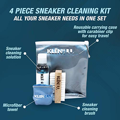 KLENBLU Professional Sneaker Cleaning Kit Premium Shoe Cleaner with Double Sided Nylon Brush and Microfiber Towel - Reusable Carry Case with Carabiner Clip (4 Ounce) - Image 2
