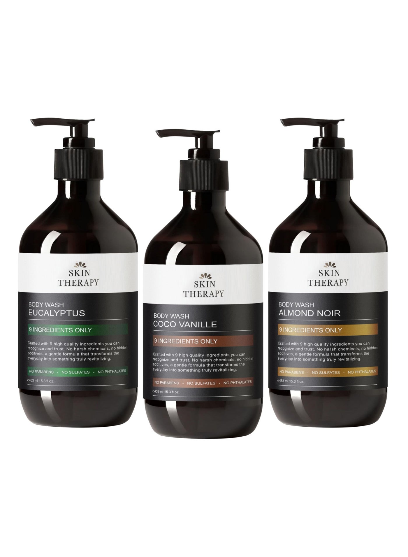 Skin Therapy Body Wash Bundle - Almond Noir, Eucalyptus & Coco Vanille - ONLY 9 Ingredients Shower Gel - Gentle Exfoliating & Hydrating Body Cleanser - Organic Bath Gel for All Skin Types (453ml x 3)