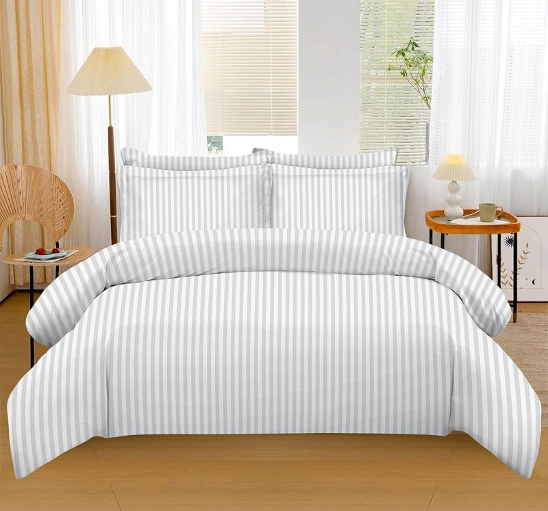 PolyCotton Printed Stripe Bedsheet Set - 4 Piece Bedding Set Single Size (120x200+35) cm with 1-Duvet Cover, 1-Fitted Sheet, 2-Pillowcases, and 2-Oxford Pillowcases, Soft & Durable