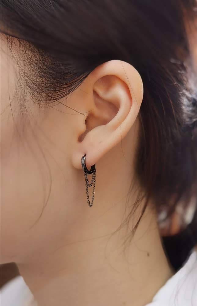 Dtja Tassel Chain Drop Dangle Small Hoop Earrings for Women Girls 925 Sterling Silver Huggie Helix Cartilage Tragus Daith Piercing Cuff Minimalist Fashion Personalized Punk Jewelry (Black) - Image 2