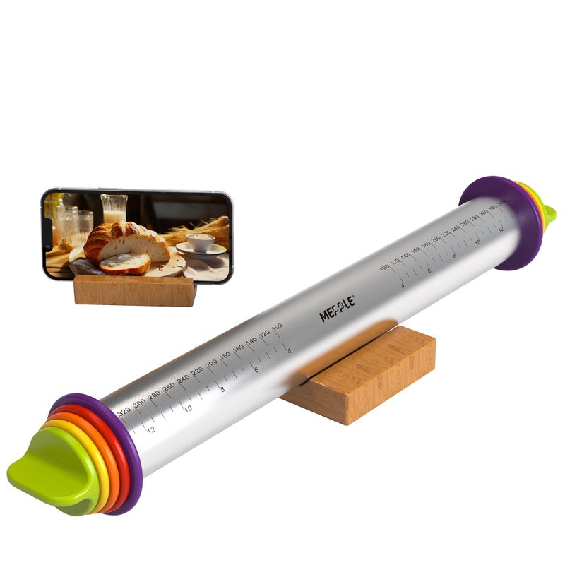 Mepple Stainless Steel Rolling Pin with Thickness Rings for Fondant Pizza Cookie Pastry PieRoller Rod for Dough ThicknessRolling Pin for Baking 136 with 4 Thickness Rings and Wooden Stand - Image 2