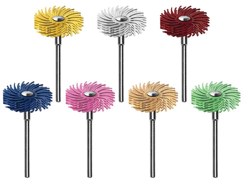 Dedeco Sunburst - 7/8 Inch TC 4-PLY Radial Bristle Discs - Precision Thermoplastic Rotary Cleaning and Polishing Tool Set, Assorted: 1 of Each 7 Grit Textures 3/32 Inch (2.35mm) Shanks (7 Piece) - Image 1