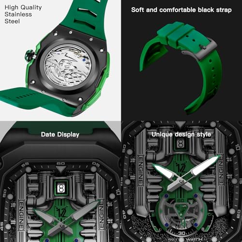 LILUOKE Phantom Engine Watch – Men's Luxury Sports Watch Inspired by Rolls-Royes V12 Engine Design, Skeleton Dial, Luminous Hands, Silicone Strap – (DT-LK9031G-03) - Image 4