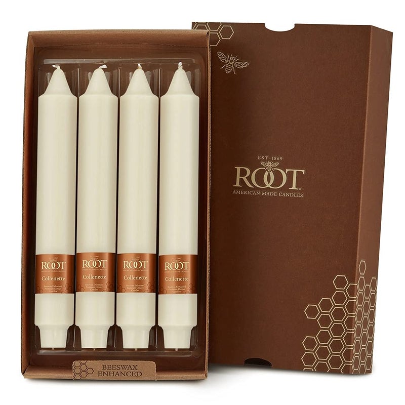 Root Candles 4Count Unscented Dinner Candles Dripless Beeswax Enhanced Smooth Collenette Boxed Candle Set 9Inch Ivory
