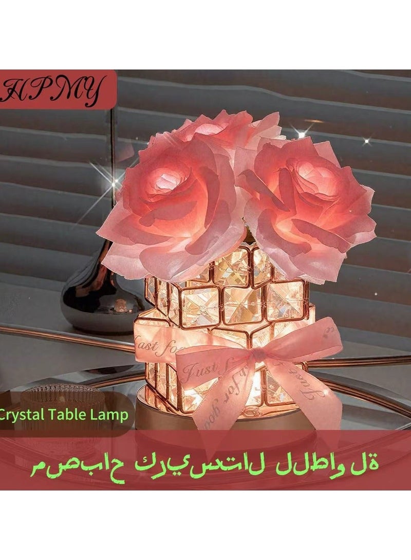 HPMY Crystal Table Lamp, Rechargeable Cordless Rose Light 3 Colors Dimmable Flower Lamp, Romantic LED Rose Diamond Lamp for Bedroom Living Pink Room Decor, Valentine Birthday Gift，Christmas gifts, Eid gifts for Her - Image 1