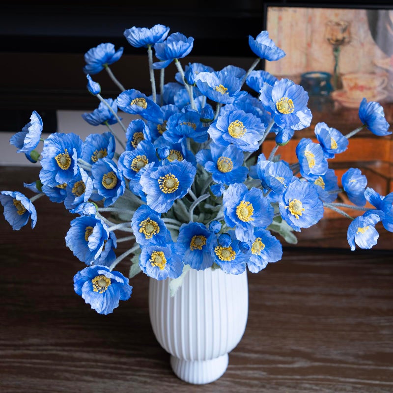 DUYONE Artificial Flowers 6 Stems Poppy Silk Bouquet,for Wedding, Home, Party Decoration,Table Centerpiece Arrangement(Blue) - Image 5