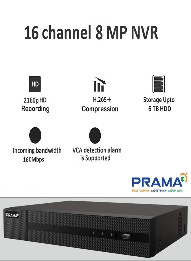 PRAMA مسجل فيديو شبكي PRAMA PT-NR2A16-Q1 ذو 16 قناة بدقة 8 ميجابكسل مع ضغط H.265+، وواجهة SATA واحدة تدعم محركات الأقراص الصلبة حتى 6 تيرابايت، ومخرج مزدوج HDMI وVGA بدقة 4K، وشبكة جيجابت. - Image 4