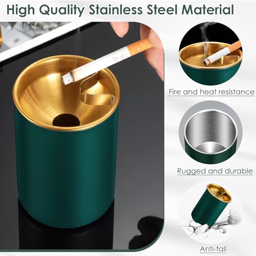 TecoKart® Ash Tray with Lid & Cigarette Holder, Stainless Steel Green Ashtray for Home & Car, Fits on Tables & Cup Holders, Durable Windproof Ashtray with Funnel Lid - Image 3
