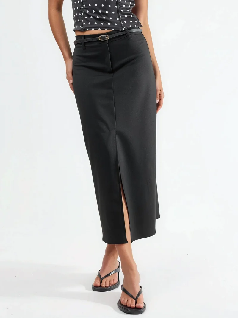 Qustyle QU STYLE Belted Midi Skirt with Slit
