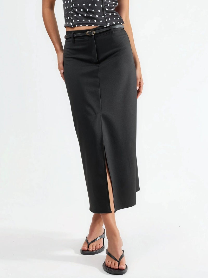 Qustyle QU STYLE Belted Midi Skirt with Slit - Image 1