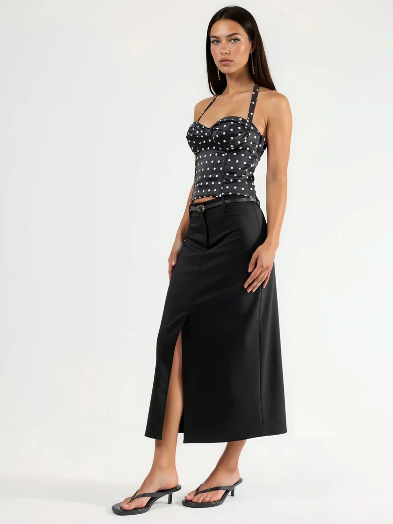 Qustyle QU STYLE Belted Midi Skirt with Slit