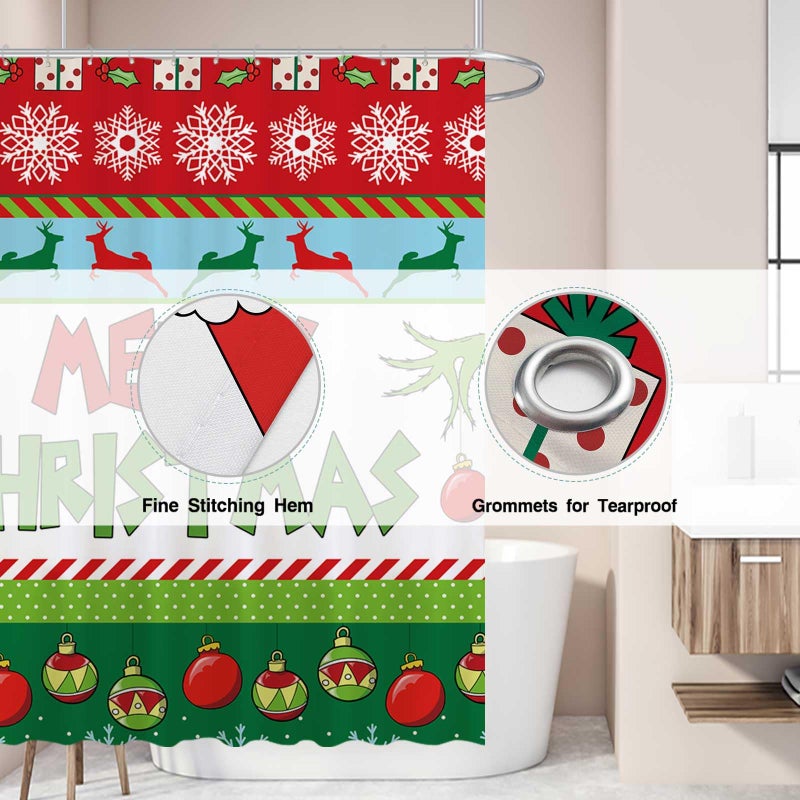 Allenjoy 72x72 Inch Merry Christmas Shower Curtain for Bathroom Sets Winter New Year Xmas Bells Tree Snowflakes Holiday Bath Decor Decorations Durable Waterproof Fabric Machine Washable - Image 3
