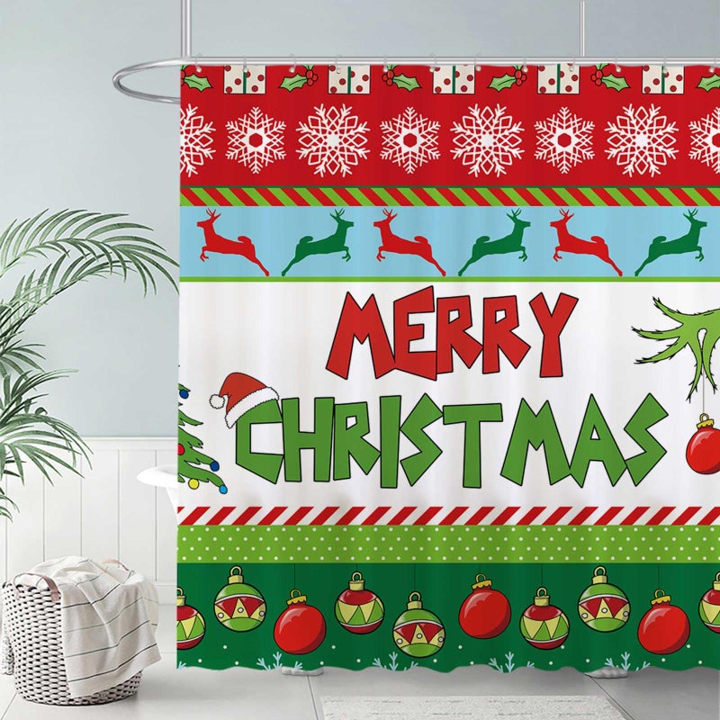 Allenjoy 72x72 Inch Merry Christmas Shower Curtain for Bathroom Sets Winter New Year Xmas Bells Tree Snowflakes Holiday Bath Decor Decorations Durable Waterproof Fabric Machine Washable - Image 2
