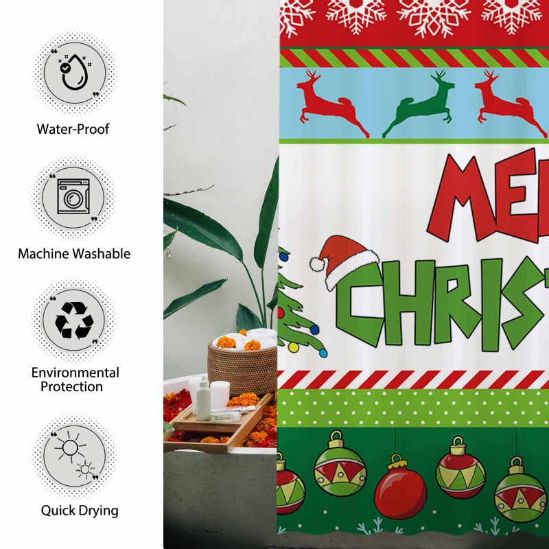 Allenjoy 72x72 Inch Merry Christmas Shower Curtain for Bathroom Sets Winter New Year Xmas Bells Tree Snowflakes Holiday Bath Decor Decorations Durable Waterproof Fabric Machine Washable - Image 4